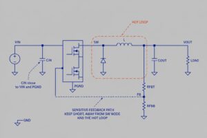 DC-DC PCB layout guide showing hot loop, input capacitor placement, SW node, feedback path, and grounding