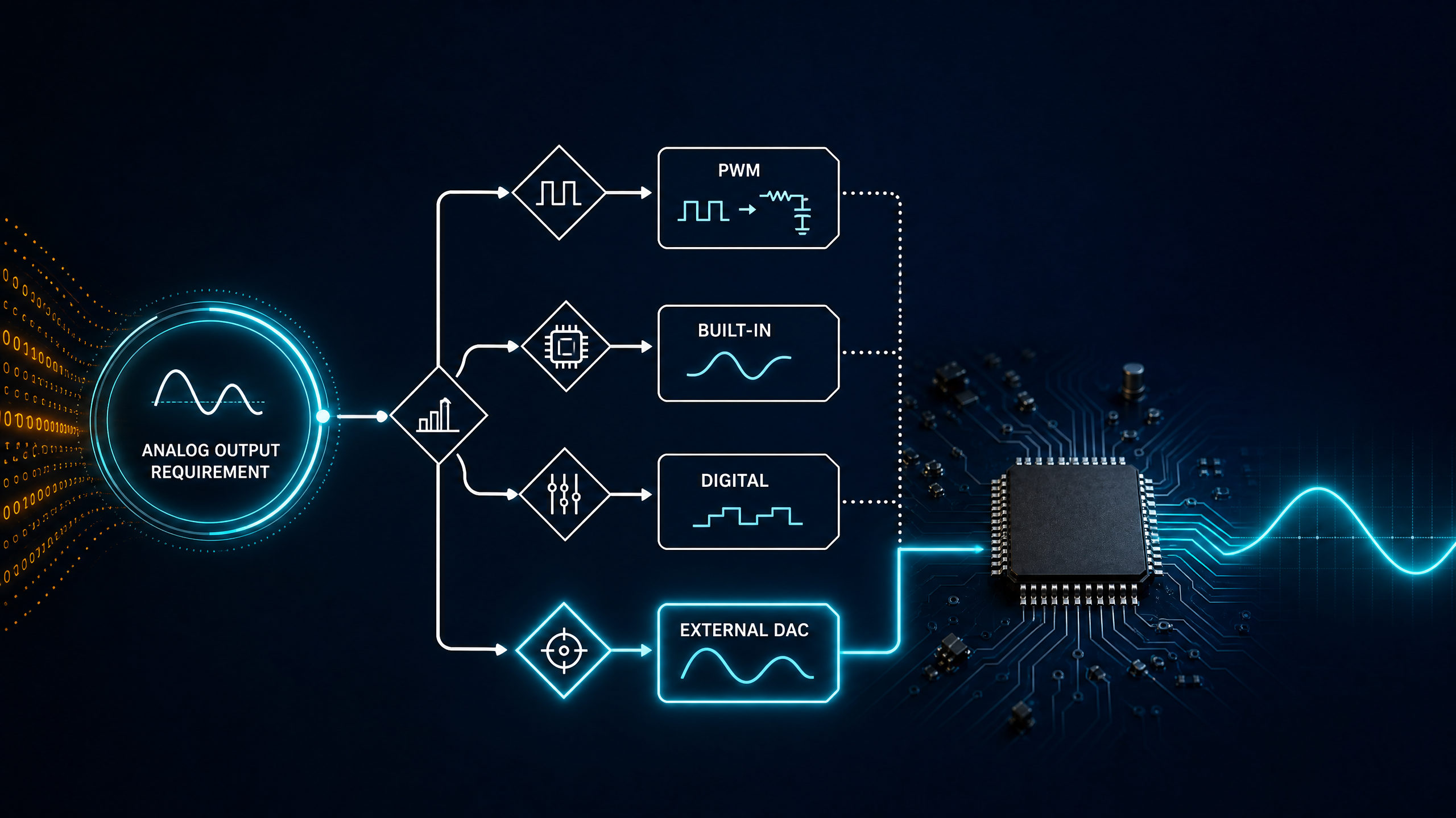 Analog output decision diagram comparing PWM, built-in DAC, digital control and external DAC options.