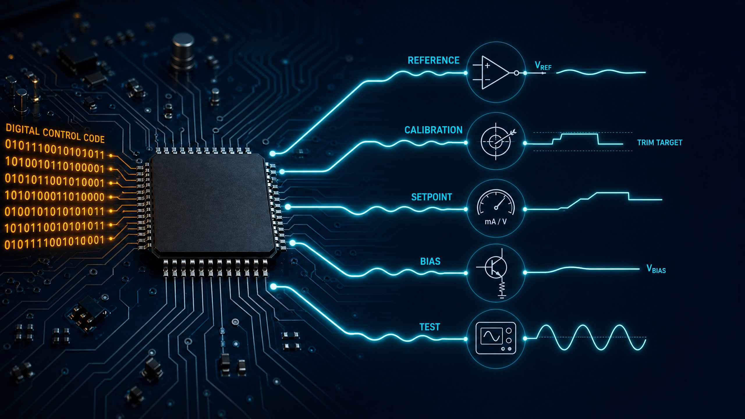 DAC IC generating reference, calibration, setpoint, bias and test analog outputs from digital control code.