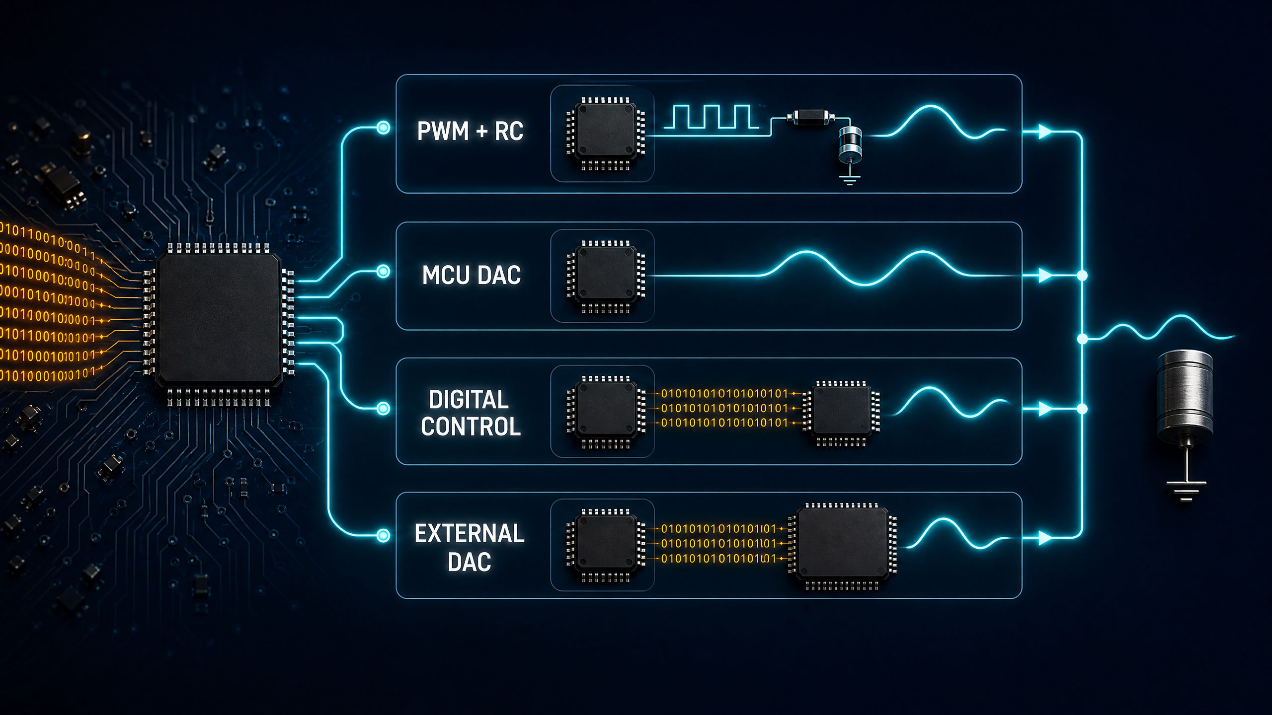 Comparison of PWM plus RC, MCU DAC, digital control and external DAC approaches for analog output generation.