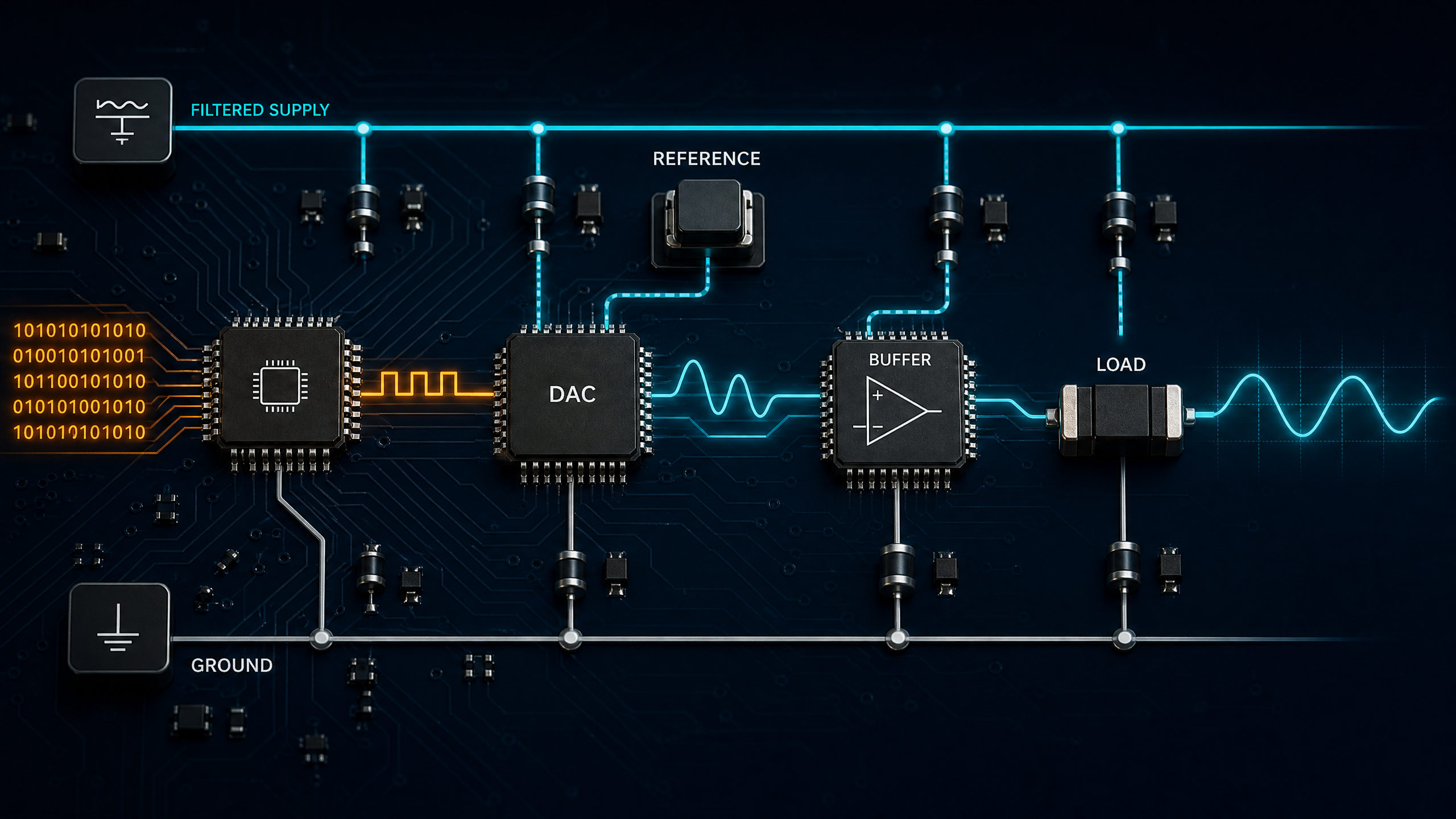DAC signal chain showing filtered supply, reference, DAC, buffer, load and ground path.