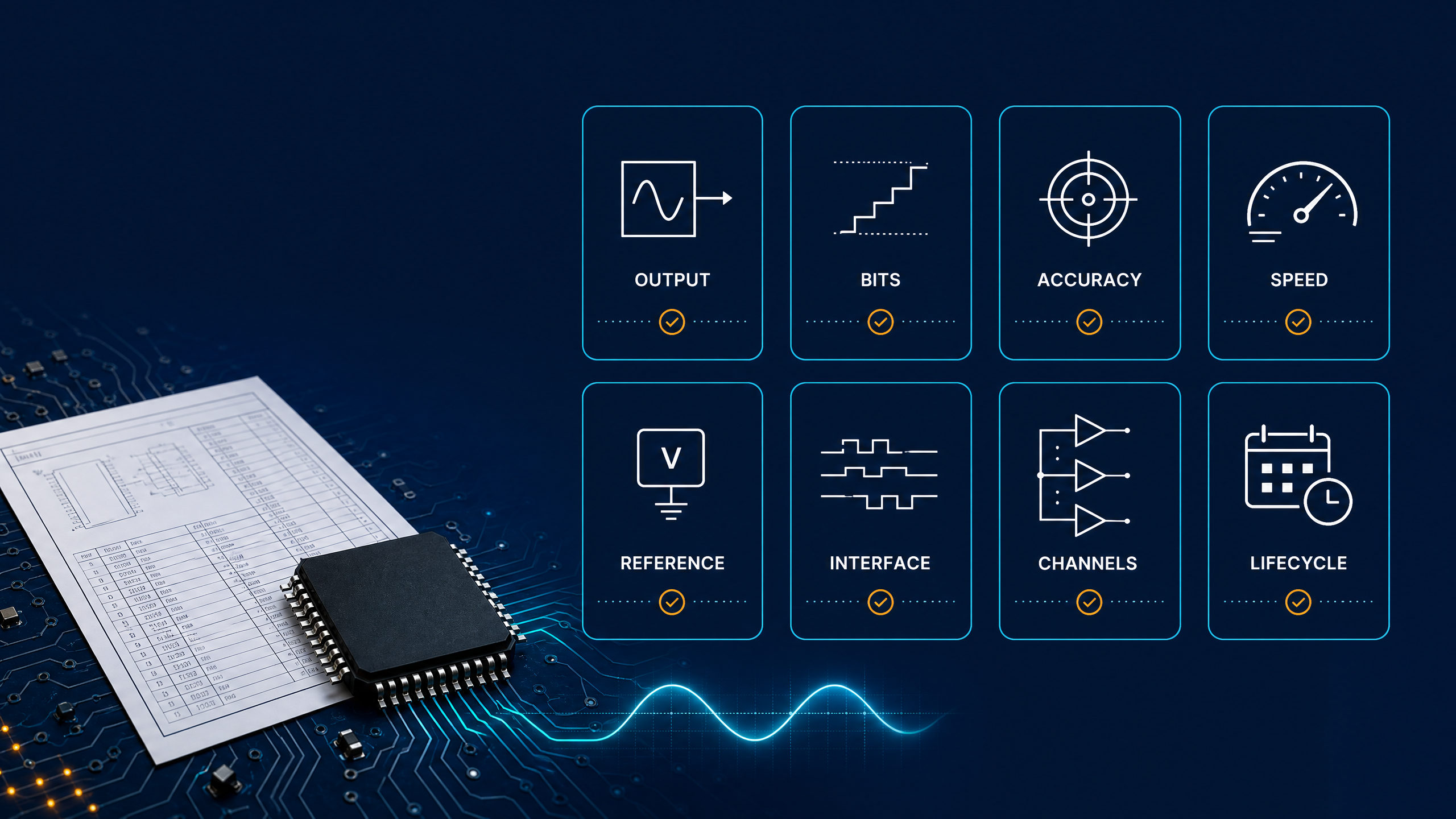 DAC requirement checklist covering output, bit resolution, accuracy, speed, reference, interface, channels and lifecycle.