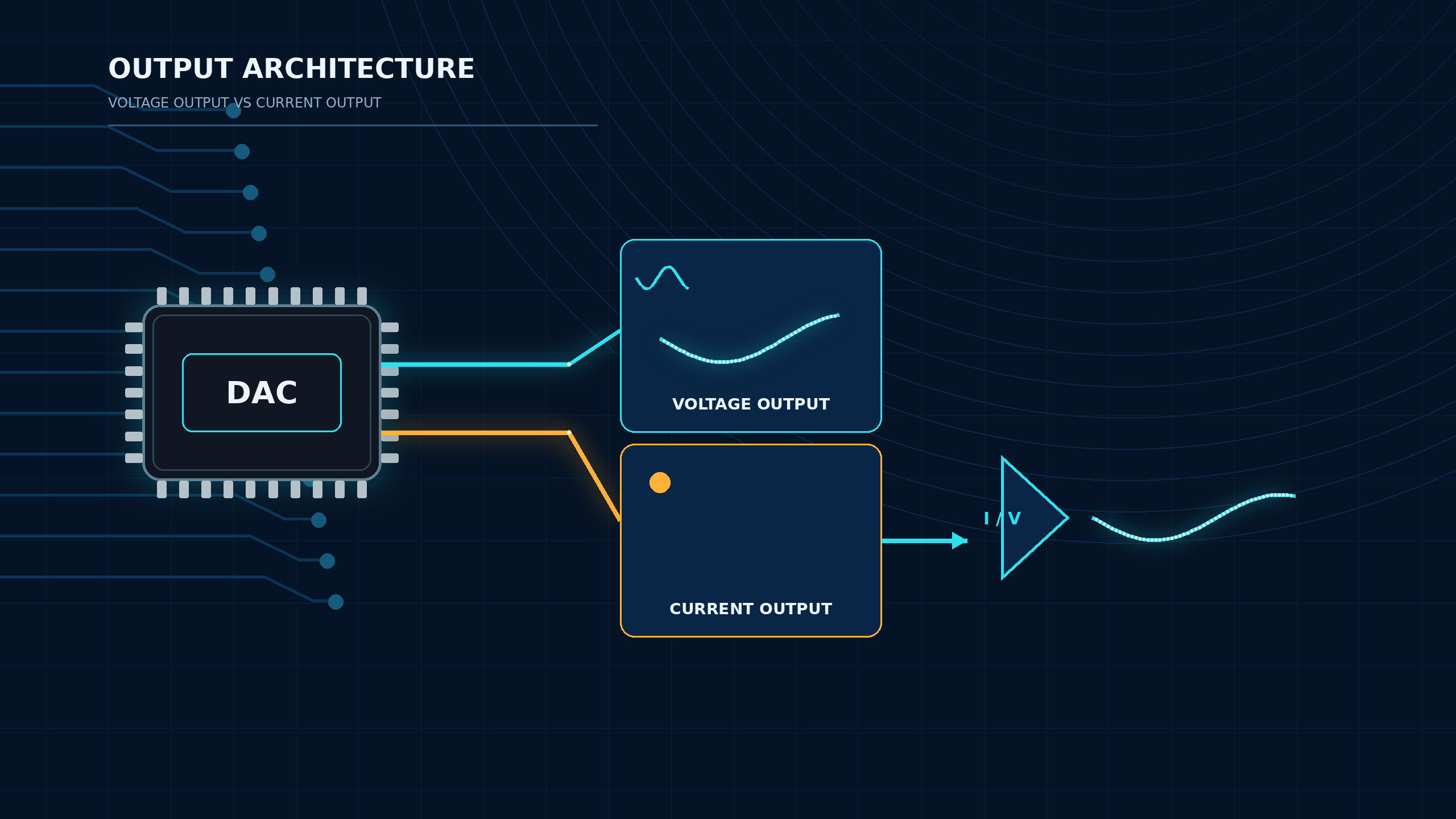DAC output architecture comparison showing voltage-output and current-output DAC paths.