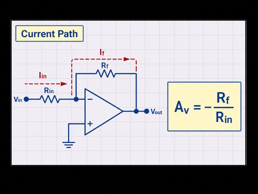 inverting op amp current path gain formula