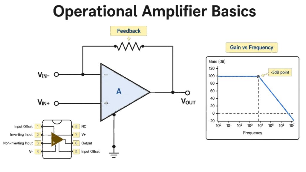 Operational amplifier basics diagram with op amp symbol, feedback path and frequency response