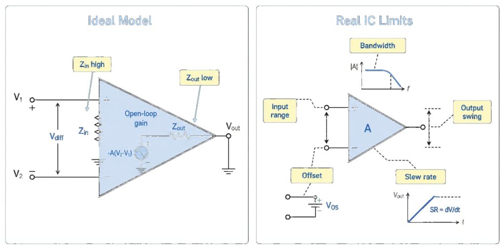 Ideal op amp model compared with real IC limits such as input range, bandwidth and offset