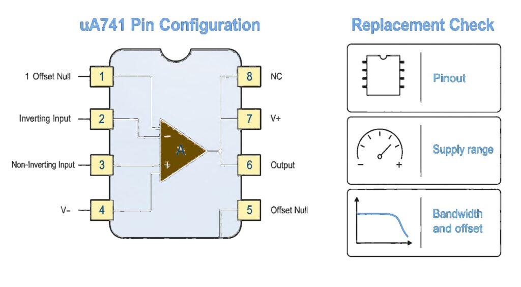uA741 pin configuration and op amp replacement validation checks