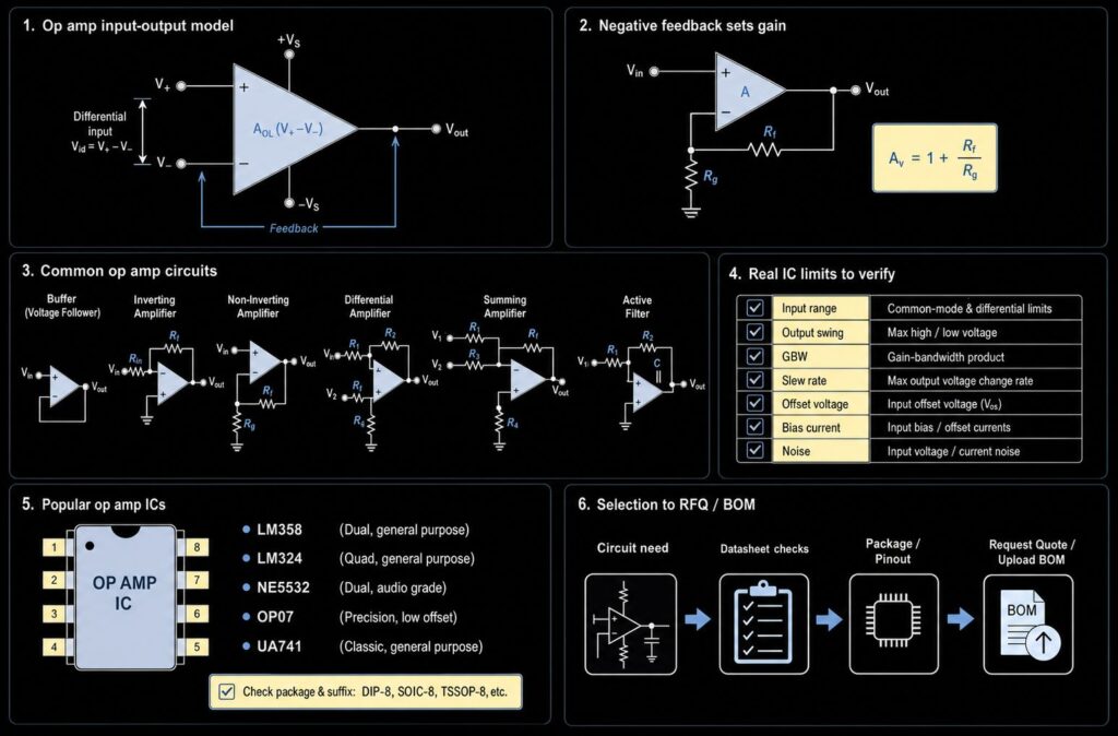 Operational amplifiers summary diagram showing op amp model, negative feedback, circuit types, real IC limits, popular op amp ICs and BOM selection flow
