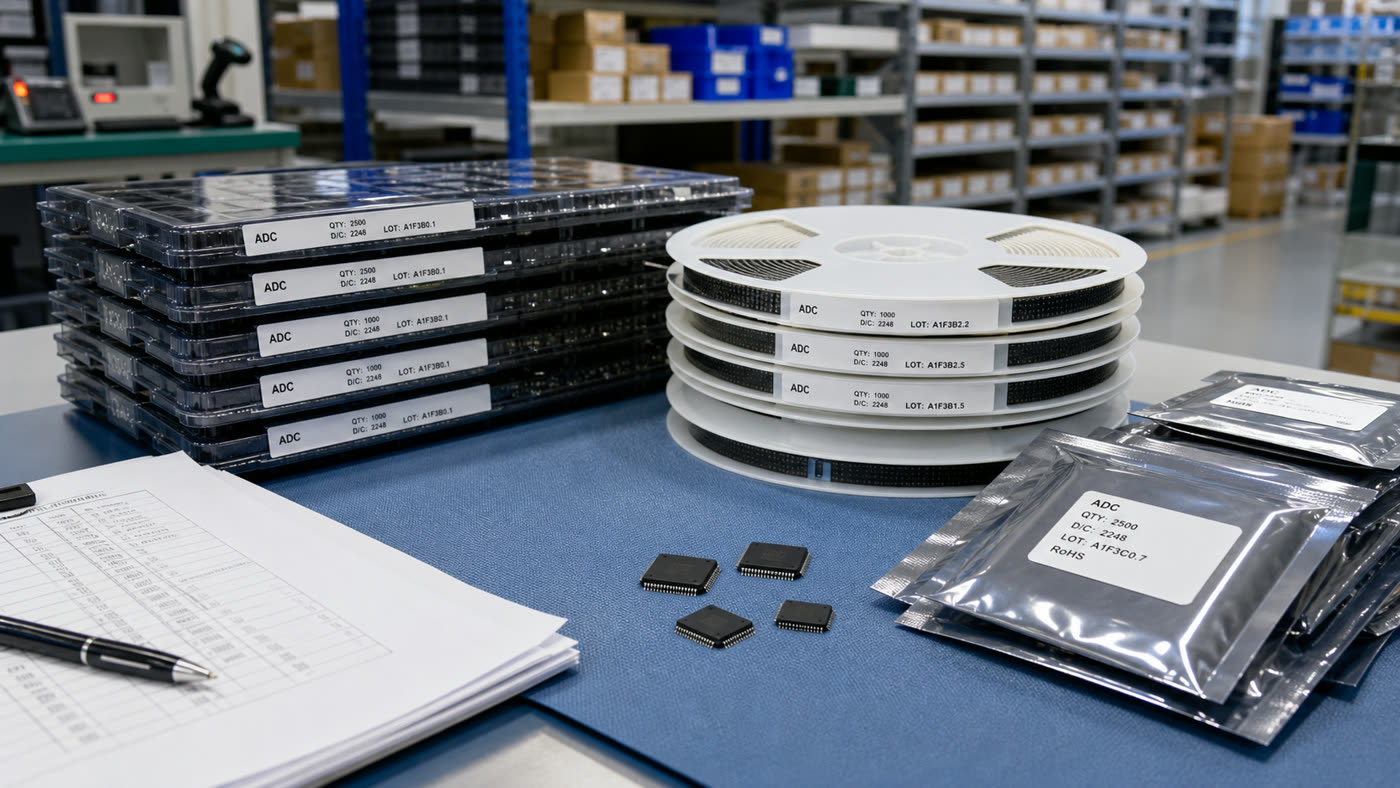 ADC chips, component reels, IC trays and ESD packaging prepared for supply chain verification and bulk sourcing