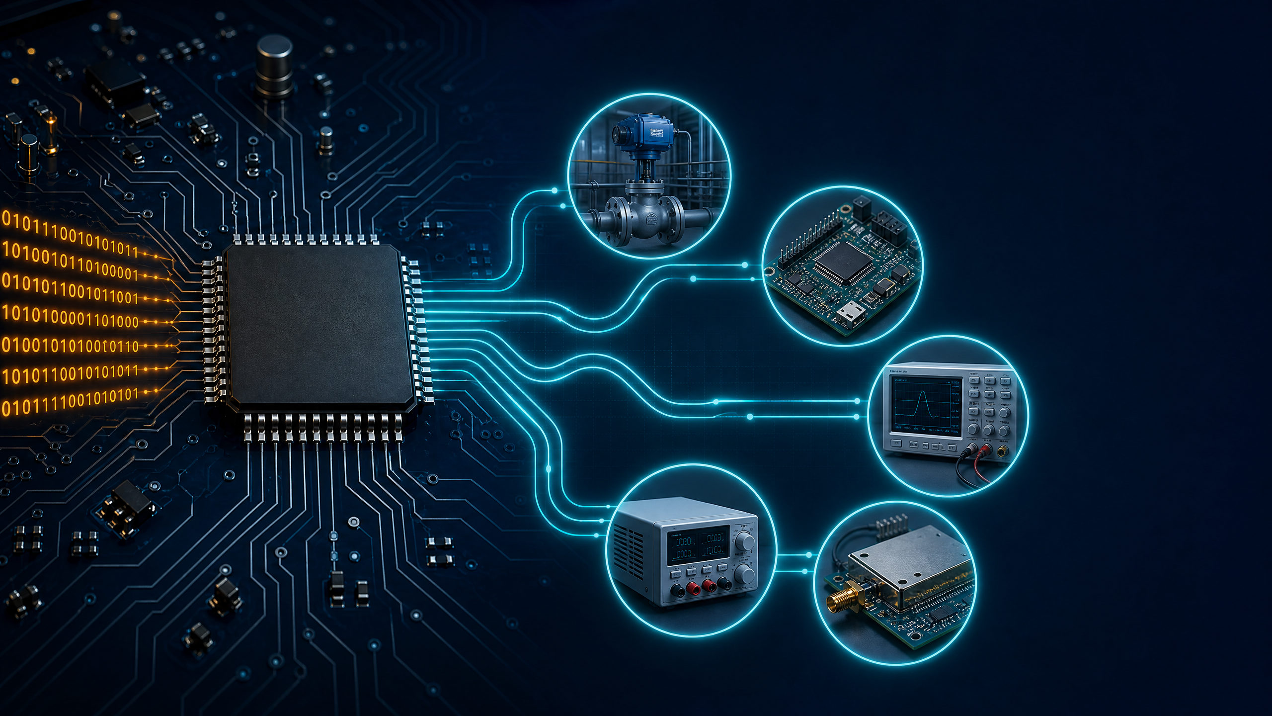 DAC chip application overview connected to industrial, test, control and embedded electronic equipment.