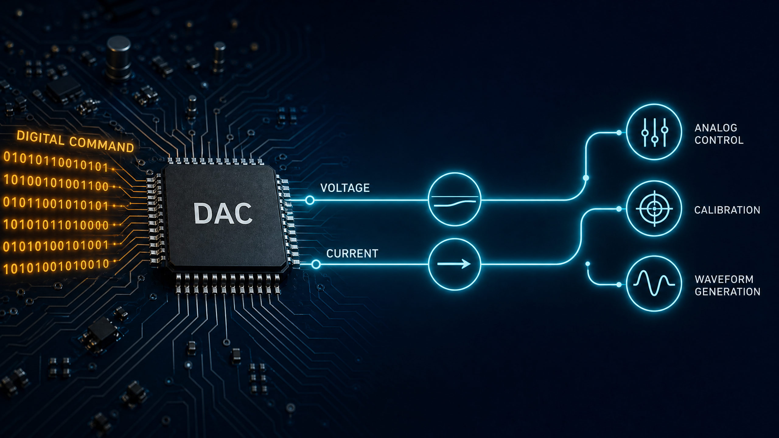 DAC converting digital commands into voltage or current outputs for analog control, calibration and waveform generation.