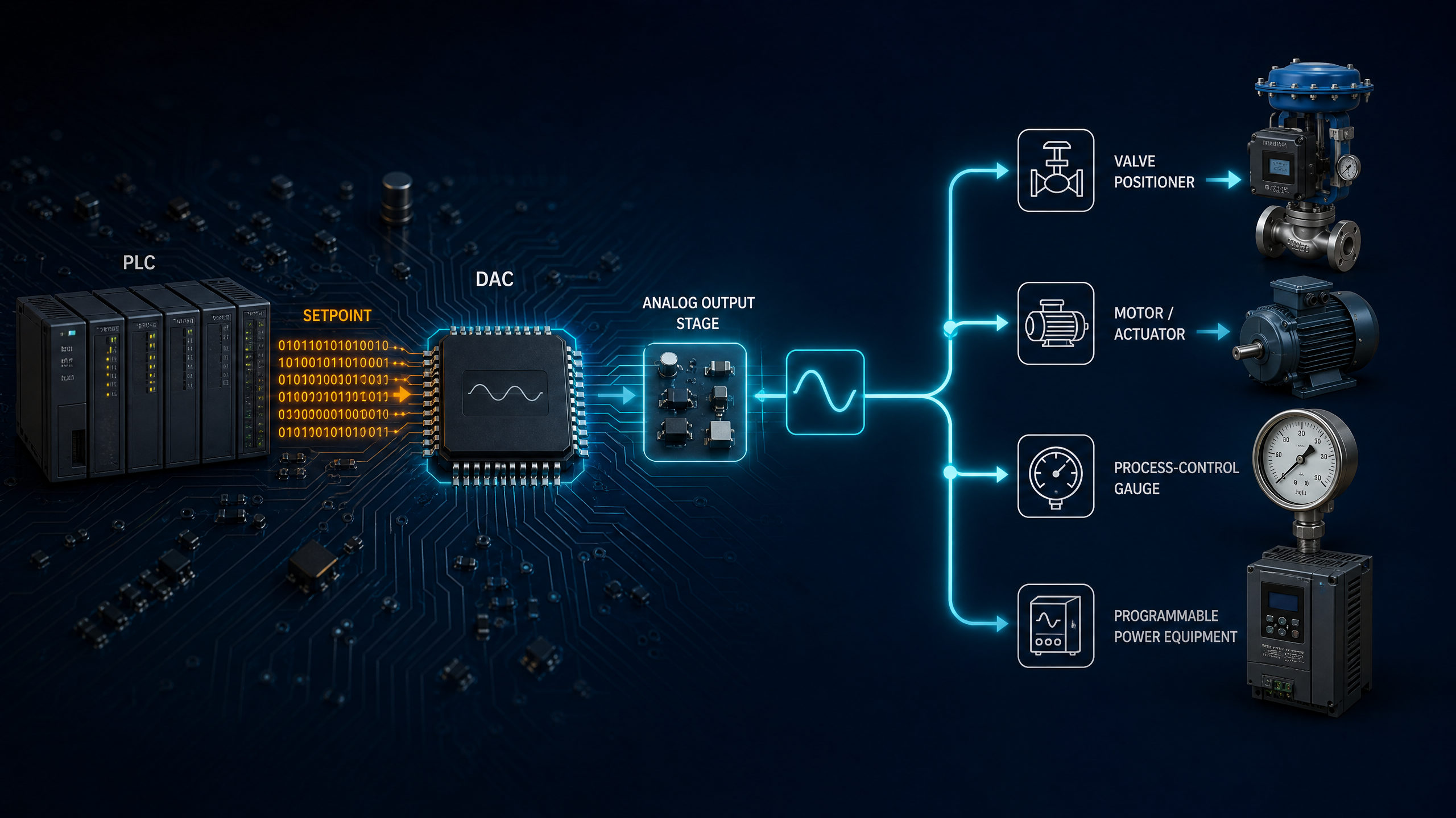 Industrial DAC application with PLC control driving a valve, motor actuator, process gauge and programmable power equipment.