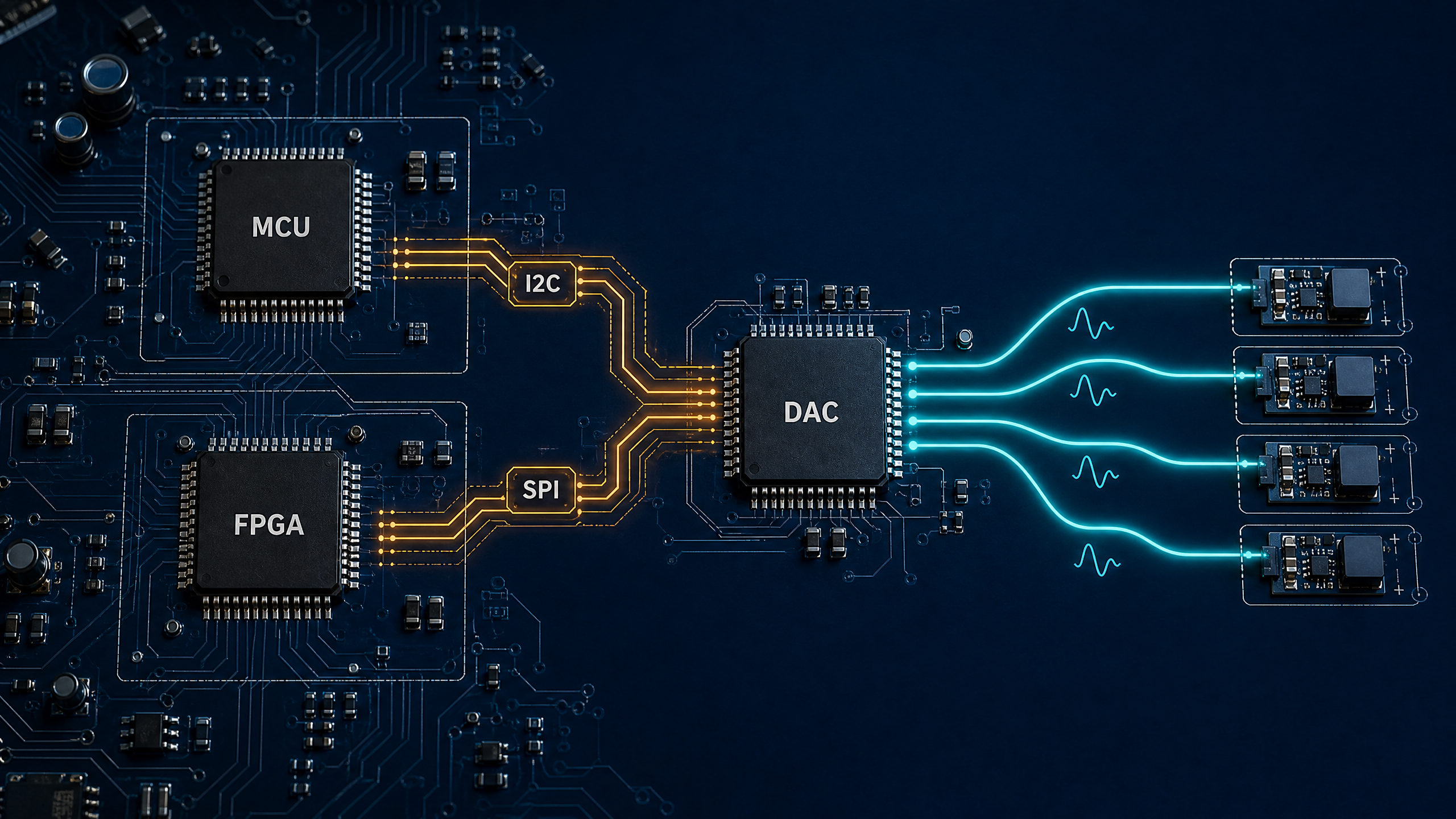 MCU and FPGA controlling a DAC through I2C and SPI to generate multiple analog outputs.
