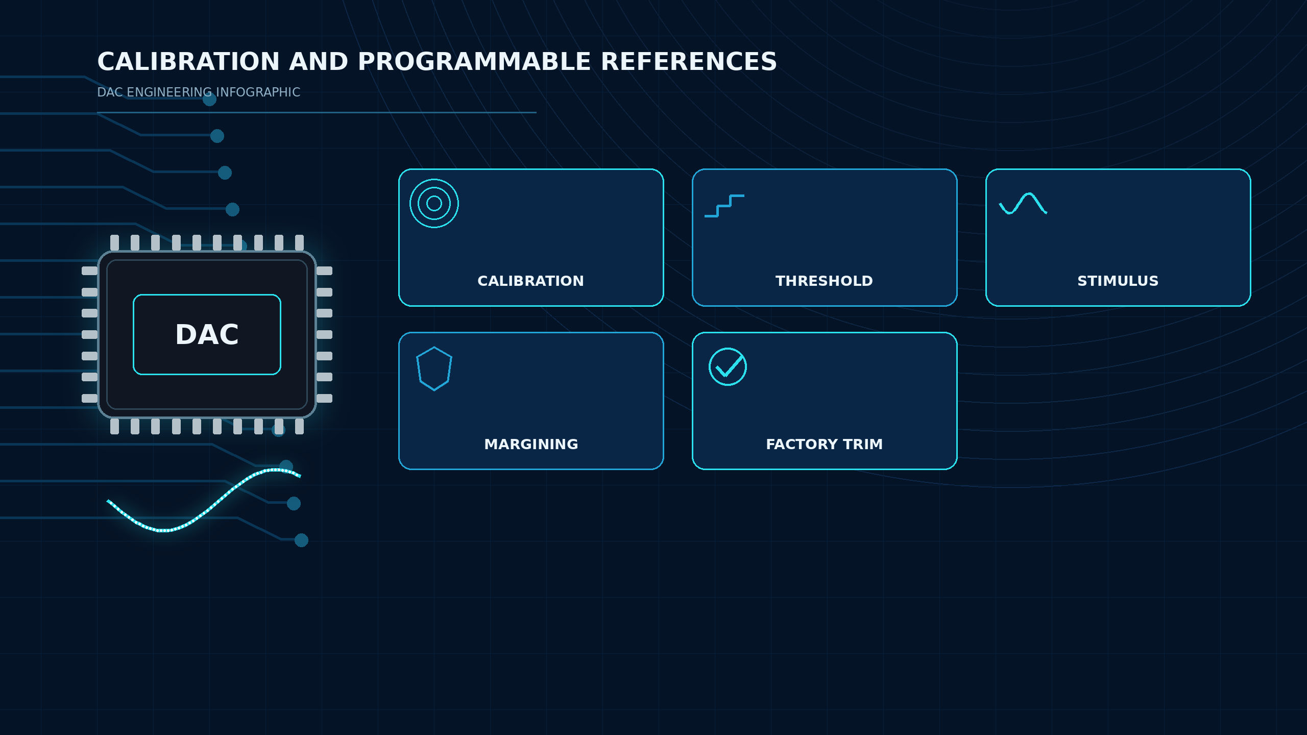 DAC calibration and programmable reference applications including threshold, stimulus, margining and factory trim.