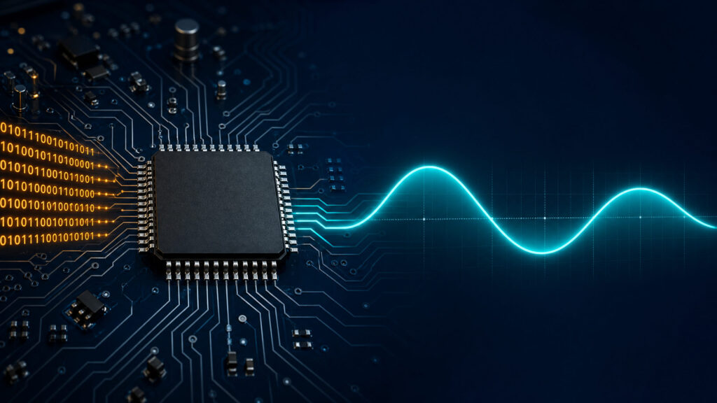 Digital-to-analog converter chip transforming binary digital data into a continuous analog waveform.
