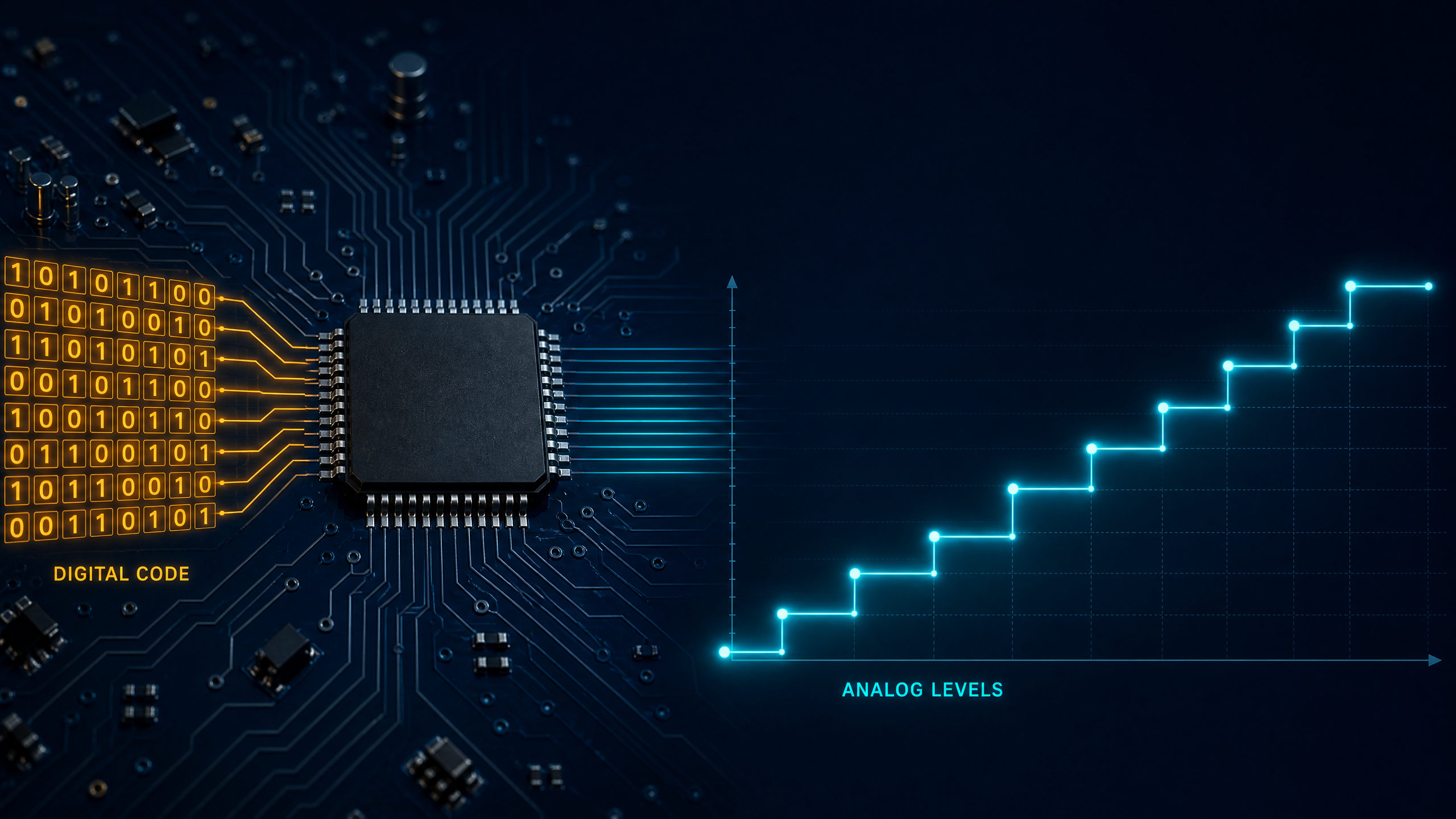 Digital code entering a DAC and producing stepped analog output levels.