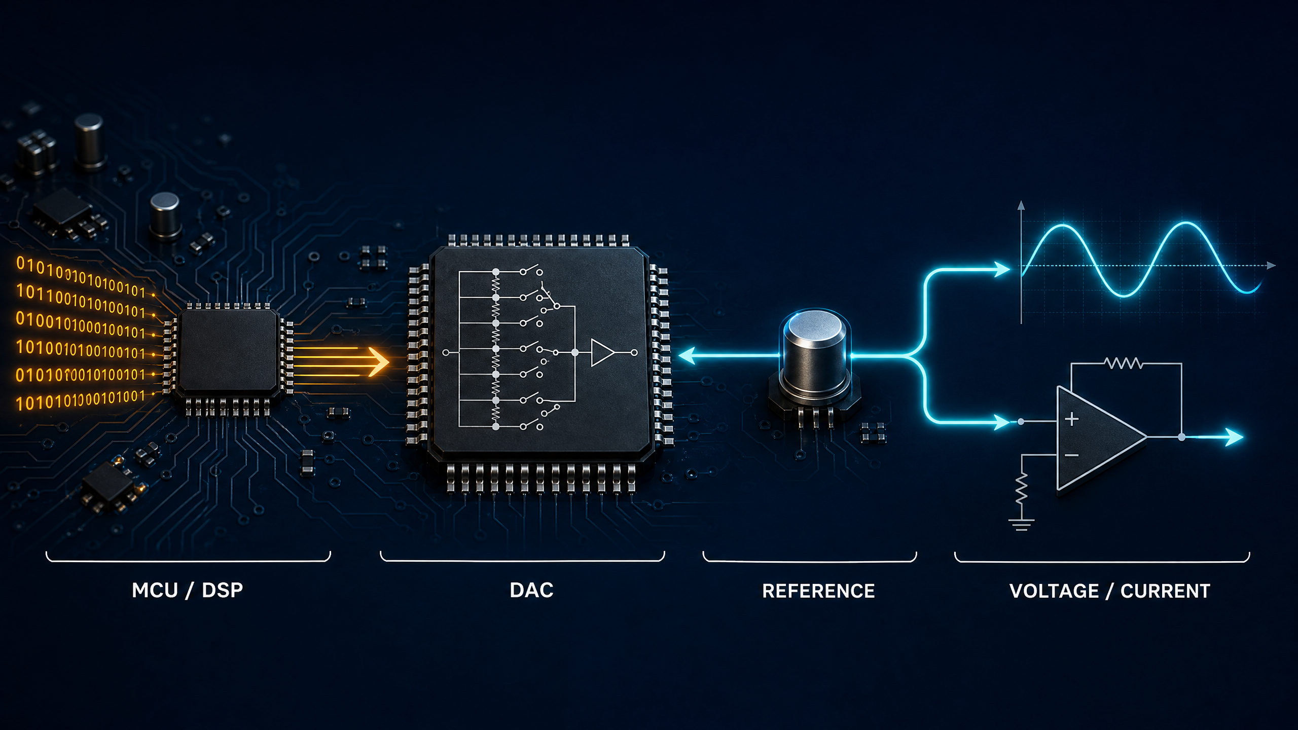 DAC signal path from MCU or DSP through a DAC and reference to voltage or current output.
