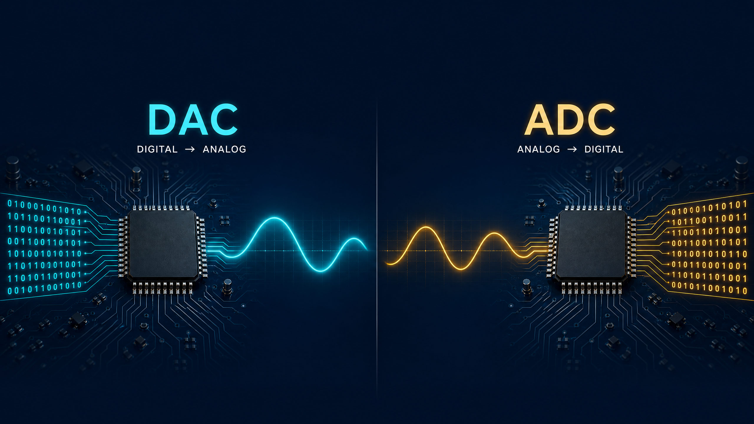 DAC versus ADC comparison showing digital-to-analog and analog-to-digital conversion directions.