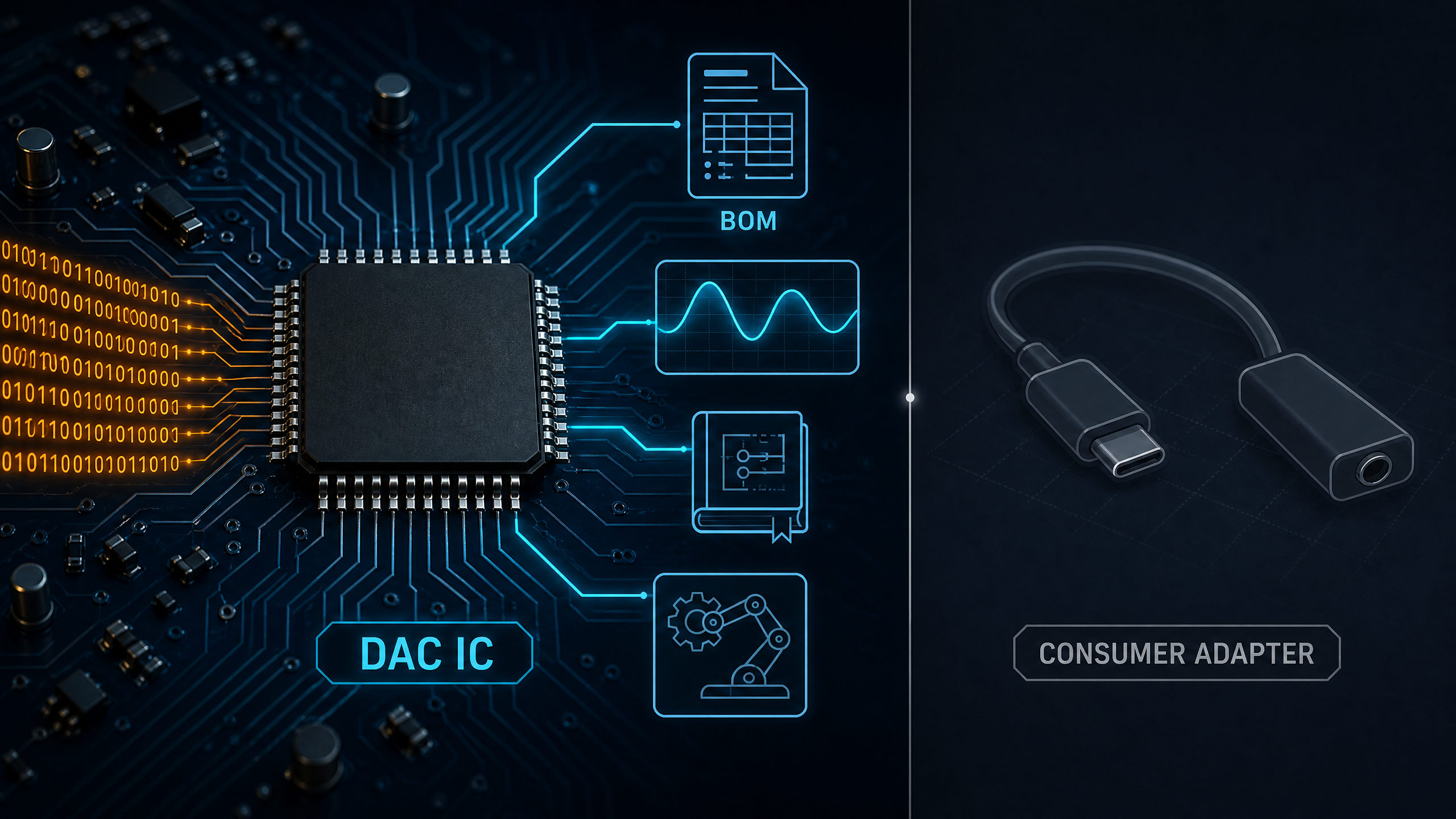 DAC IC compared with a consumer adapter to distinguish an electronic converter chip from a finished accessory.