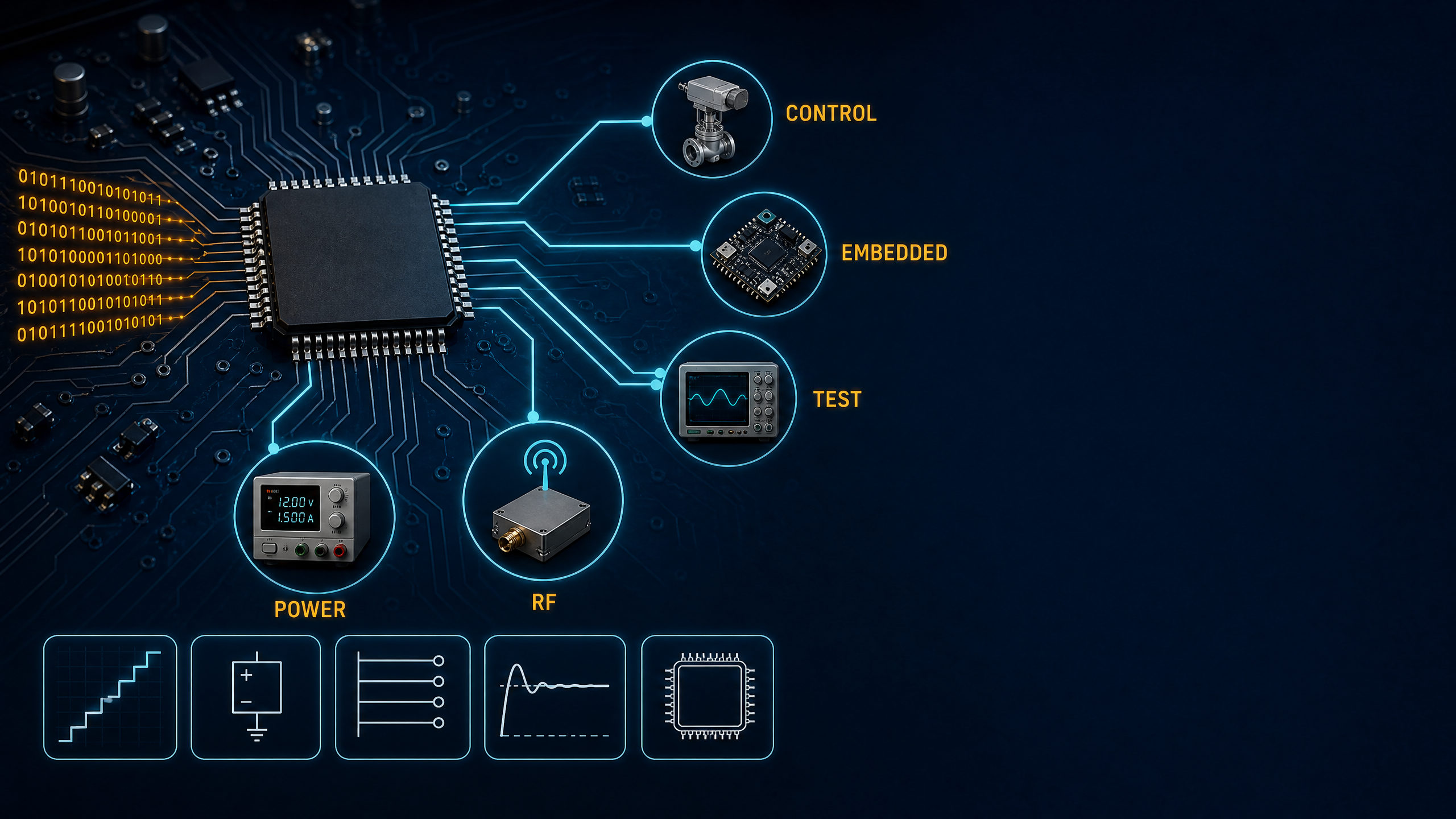 DAC application overview for control, embedded systems, testing, power electronics and RF functions.