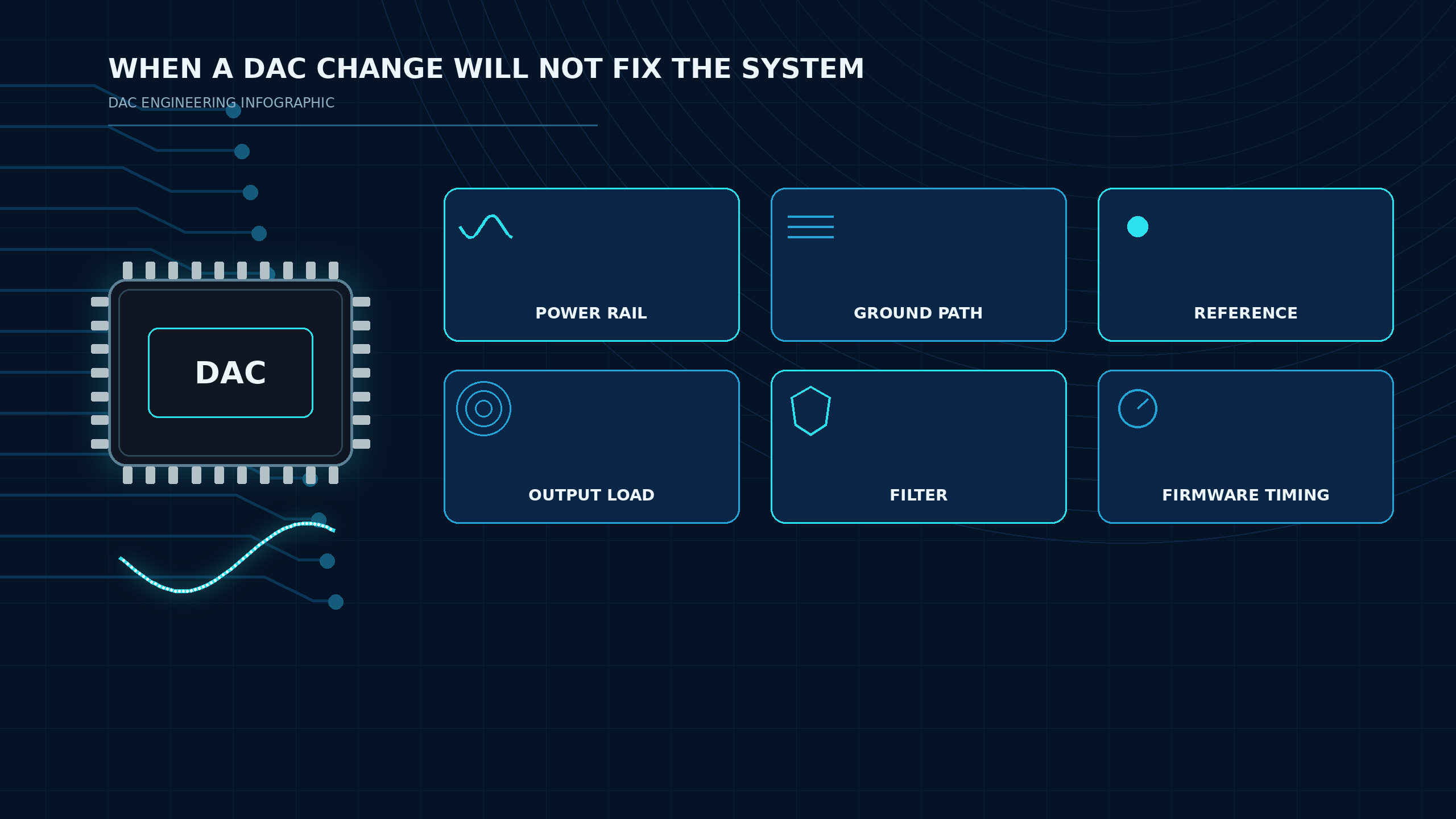 System factors that a DAC change will not fix including power rail, ground path, reference, output load, filter and firmware timing.