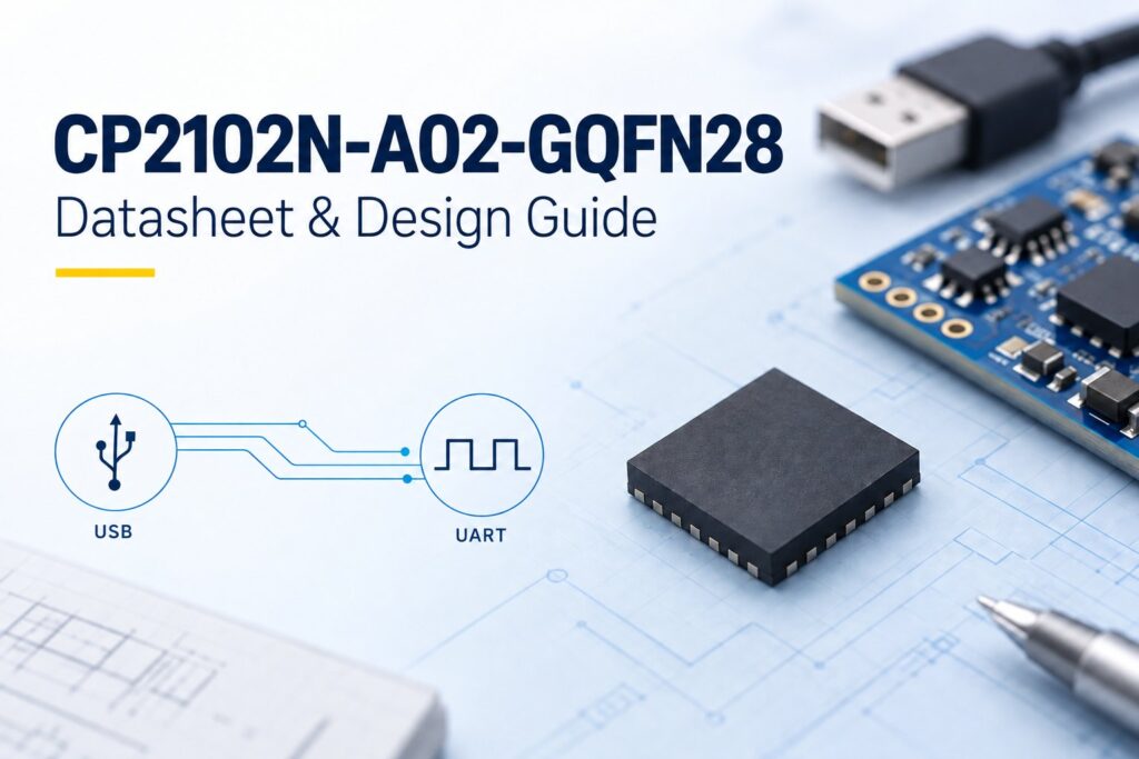 Conceptual USB-to-UART engineering illustration for the CP2102N-A02-GQFN28 guide