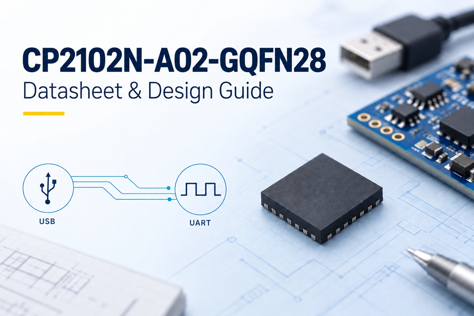 Conceptual USB-to-UART engineering illustration for the CP2102N-A02-GQFN28 guide