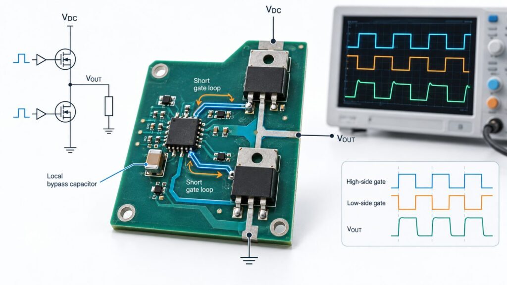 Gate driver IC layout with a compact MOSFET half bridge, local decoupling, and oscilloscope waveforms