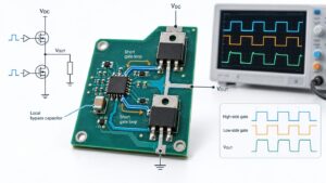 Gate driver IC layout with a compact MOSFET half bridge, local decoupling, and oscilloscope waveforms
