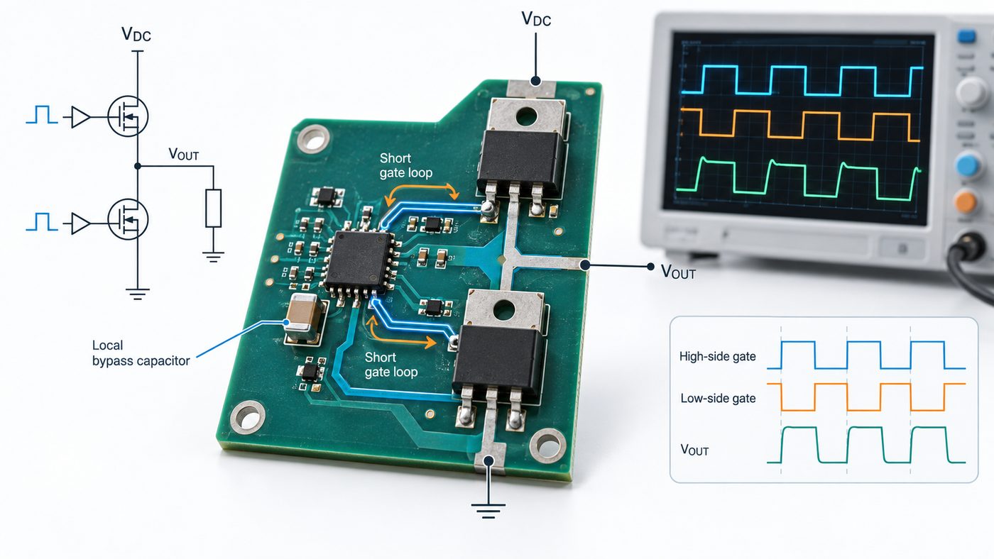 Gate driver IC layout with a compact MOSFET half bridge, local decoupling, and oscilloscope waveforms