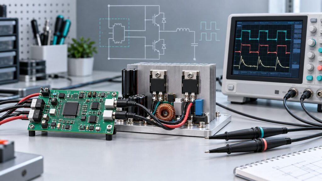 Gate driver IC evaluation board with a half-bridge power stage and oscilloscope on an engineering bench