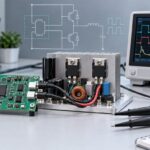 Gate driver IC evaluation board with a half-bridge power stage and oscilloscope on an engineering bench