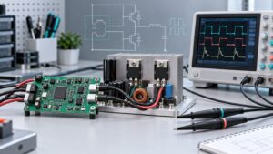 Gate driver IC evaluation board with a half-bridge power stage and oscilloscope on an engineering bench