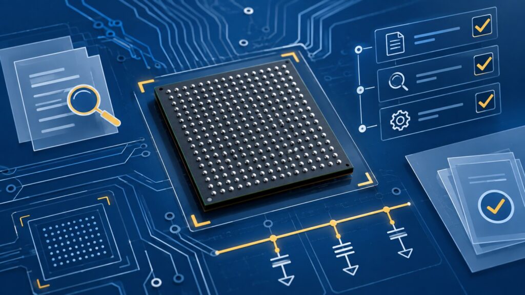 Abstract BGA FPGA verification workflow with package, power and document review motifs