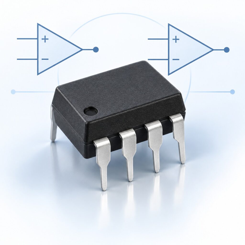 Illustrated eight-pin dual-op-amp package with two op-amp symbols for the MC1458 engineering guide