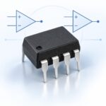 Illustrated eight-pin dual-op-amp package with two op-amp symbols for the MC1458 engineering guide