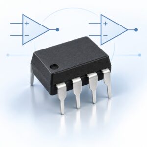 Illustrated eight-pin dual-op-amp package with two op-amp symbols for the MC1458 engineering guide