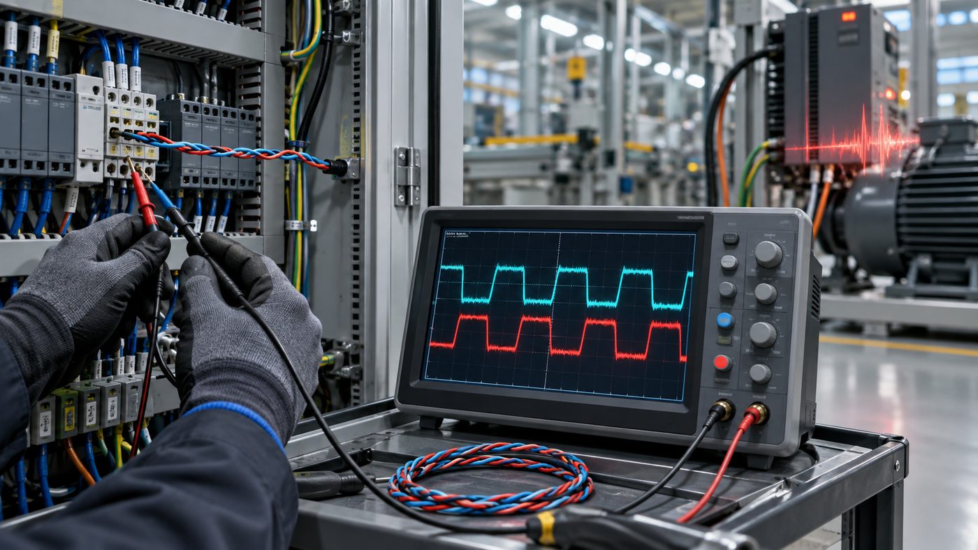 Industrial RS-485 field troubleshooting scene with control cabinets, differential pair wiring, and an oscilloscope