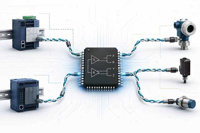 RS-485 and RS-422 transceiver IC selection guide cover with interface ICs and industrial communication lines