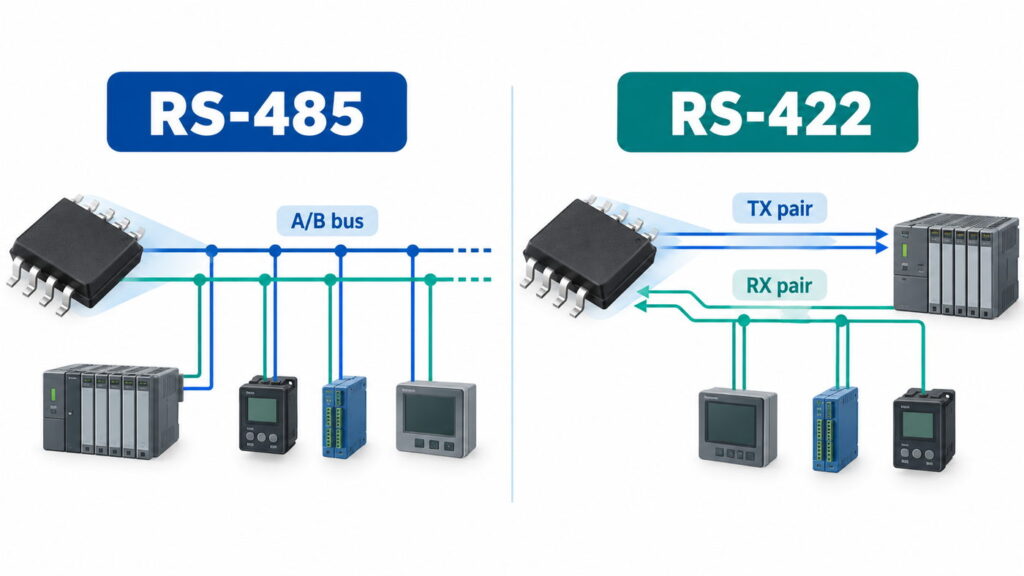 RS-485 vs RS-422 transceiver IC topology comparison for industrial communication designs