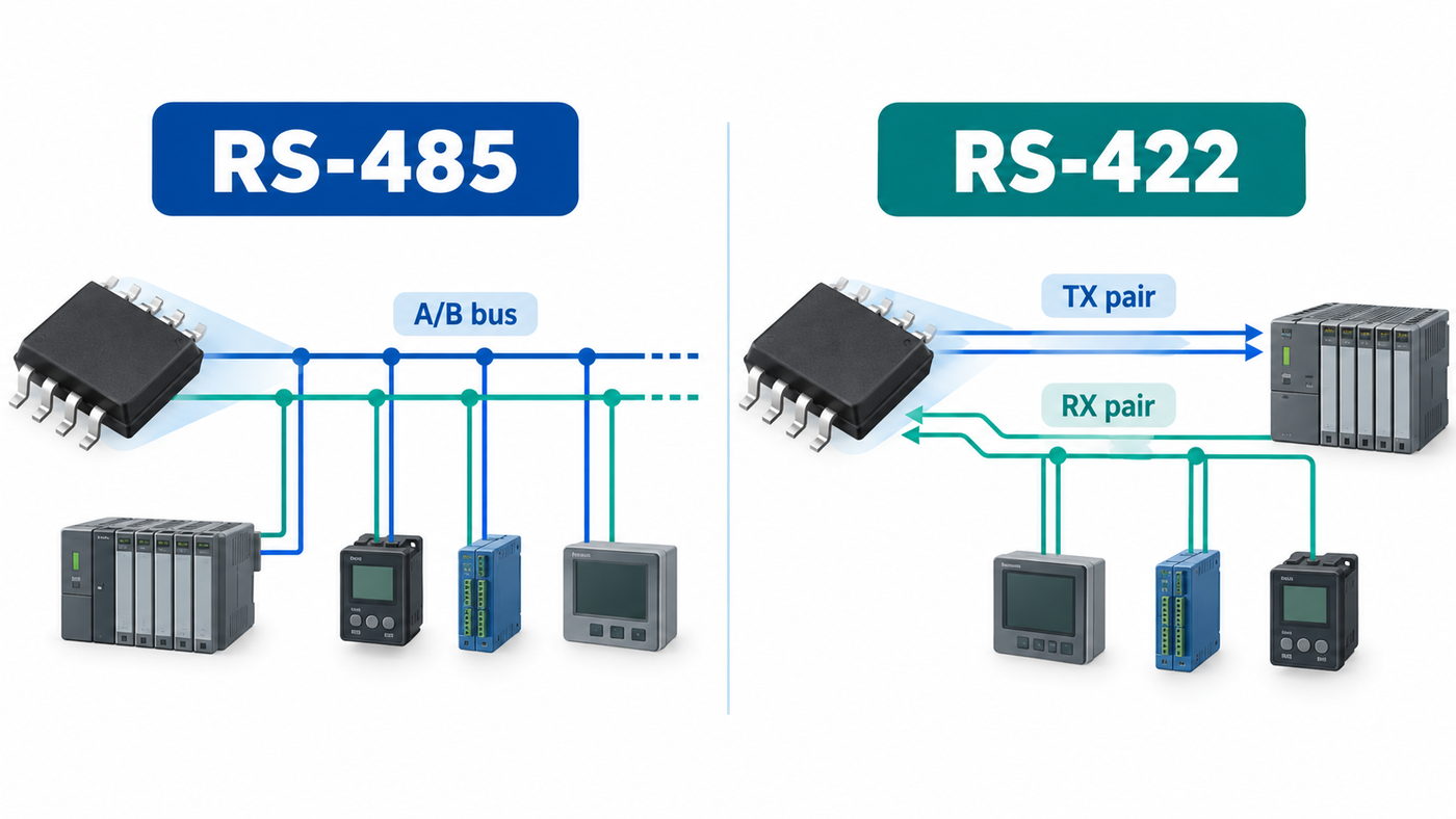 RS-485 vs RS-422 transceiver IC topology comparison for industrial communication designs
