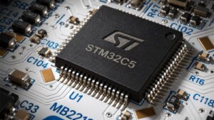 STM32C5 microcontroller mounted on a printed circuit board