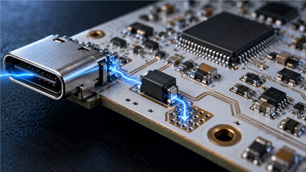TVS diode diverting a transient near a USB C connector on a PCB