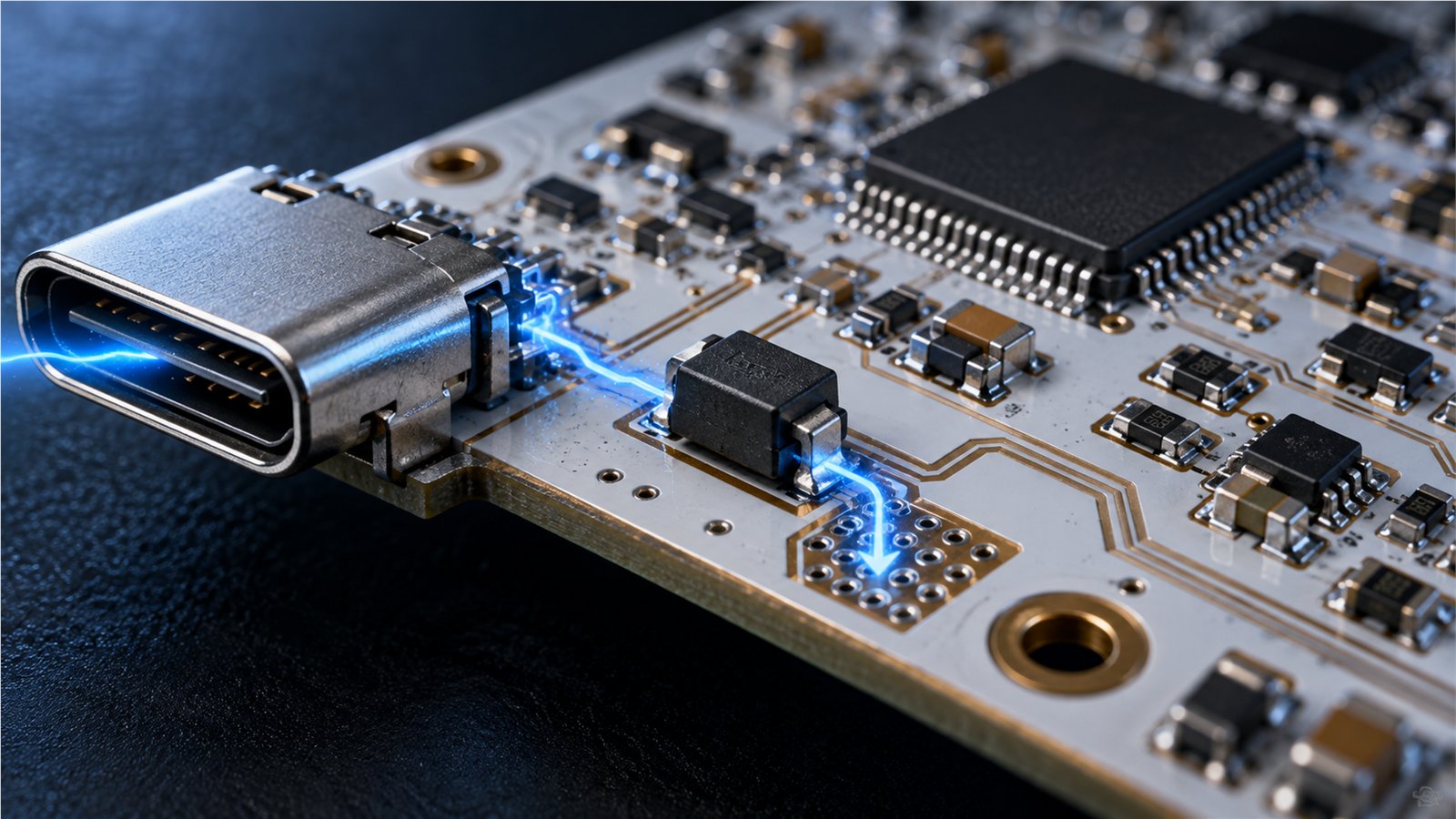 TVS diode diverting a transient near a USB C connector on a PCB