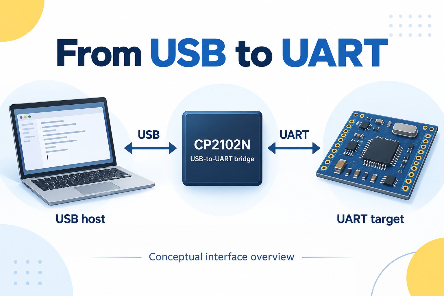 USB host connected through a CP2102N bridge to a UART target