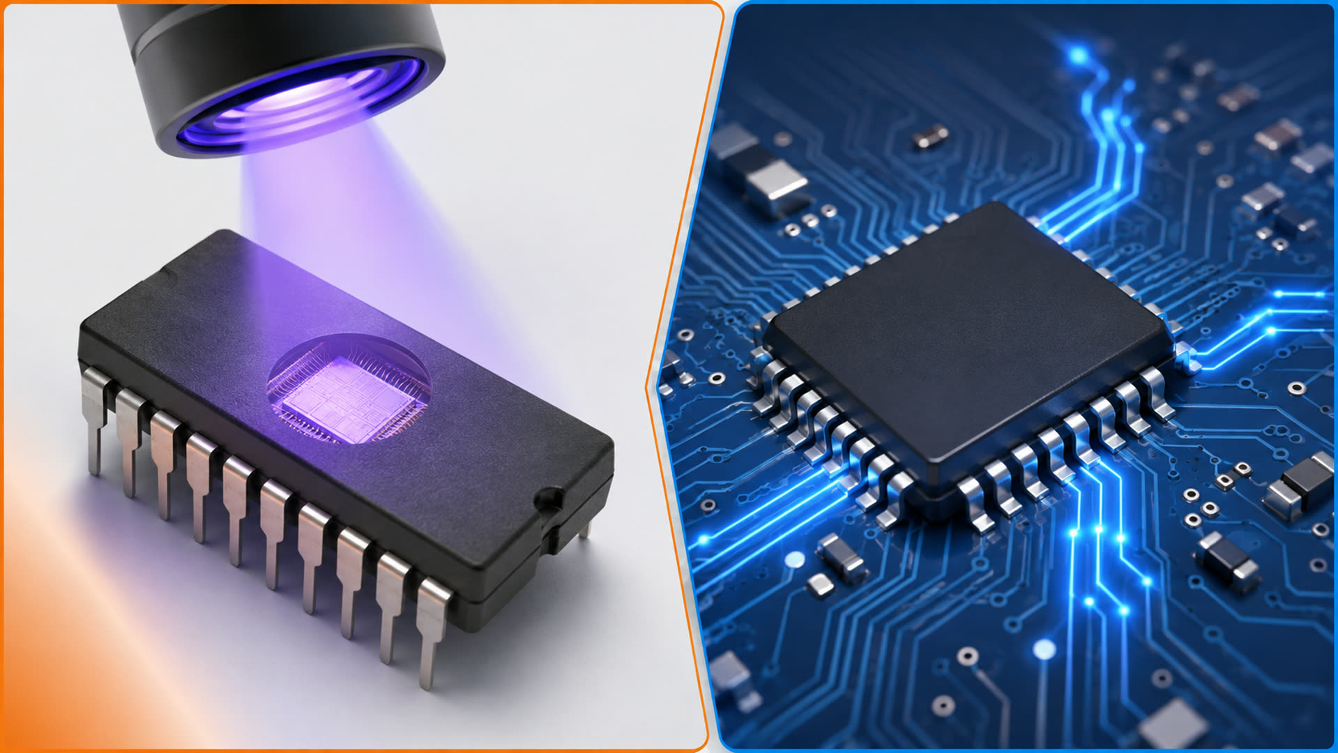 Technical comparison of EPROM ultraviolet erase and EEPROM electrical update paths