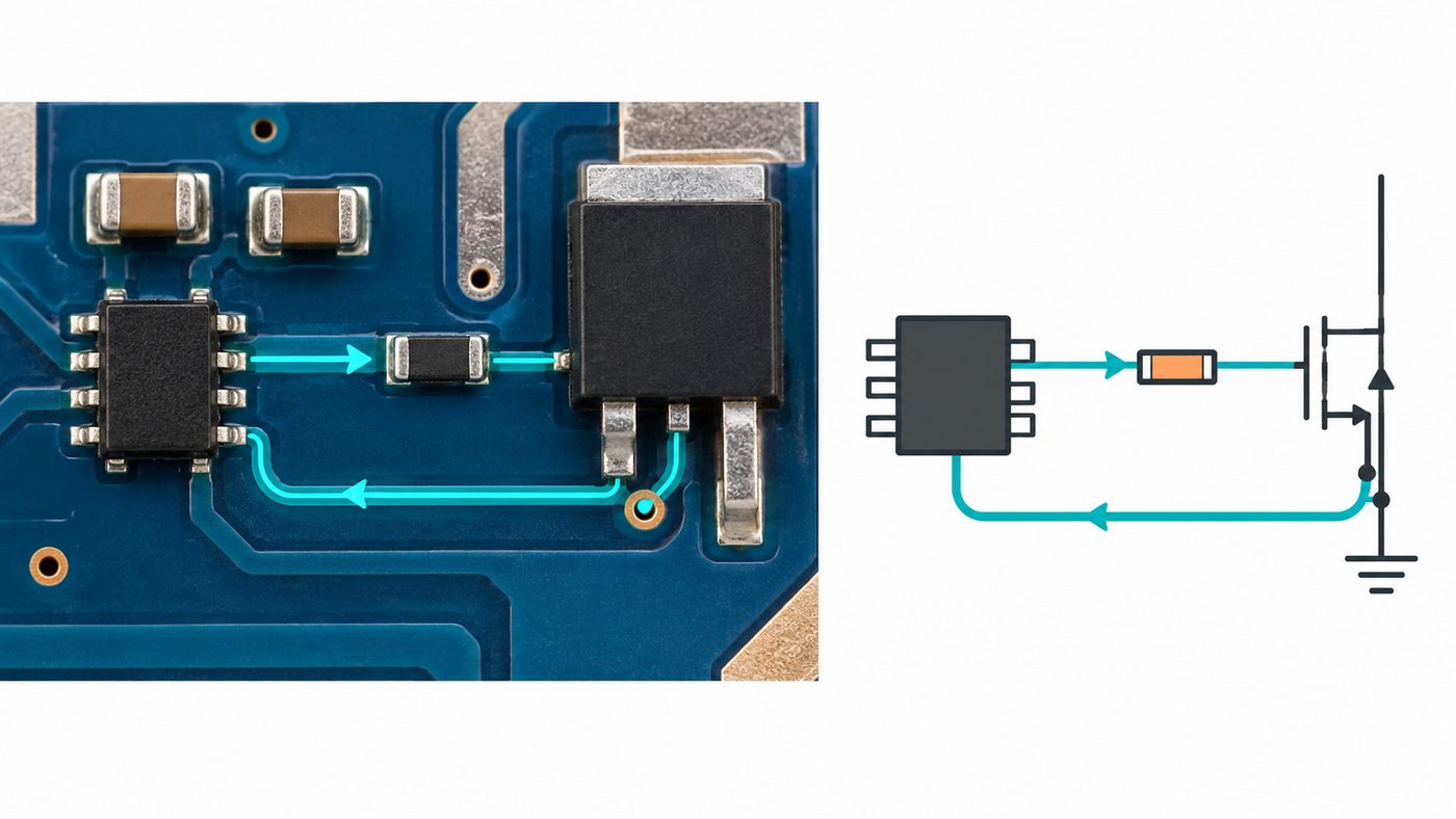 Compact MOSFET gate driver loop showing driver output, gate resistor, gate, and source return