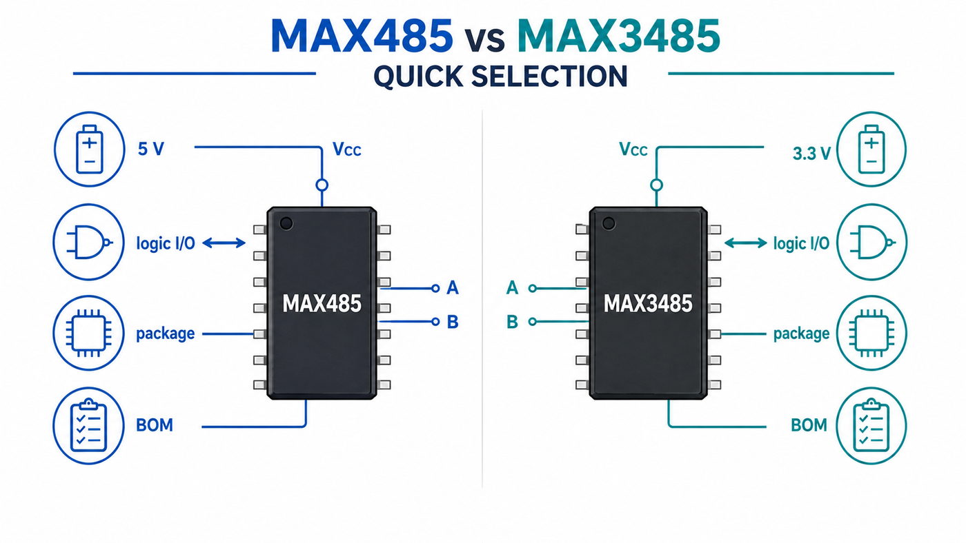 Quick selection infographic comparing MAX485 and MAX3485 RS-485 transceiver choices