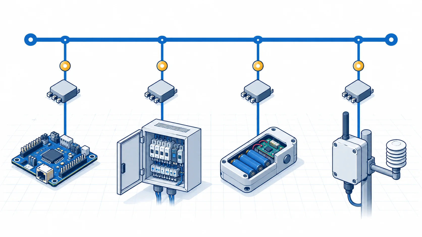 Conceptual MP1584 power rail branching to controller, industrial, battery-derived, and remote-node applications