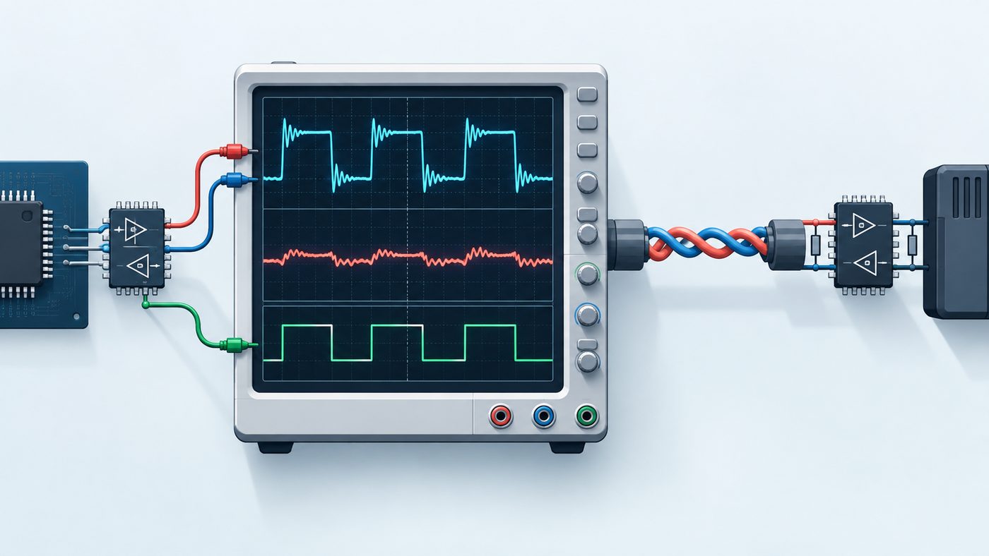RS-485 scope-first diagnostic infographic showing differential waveform, common-mode check, and driver-enable timing trace